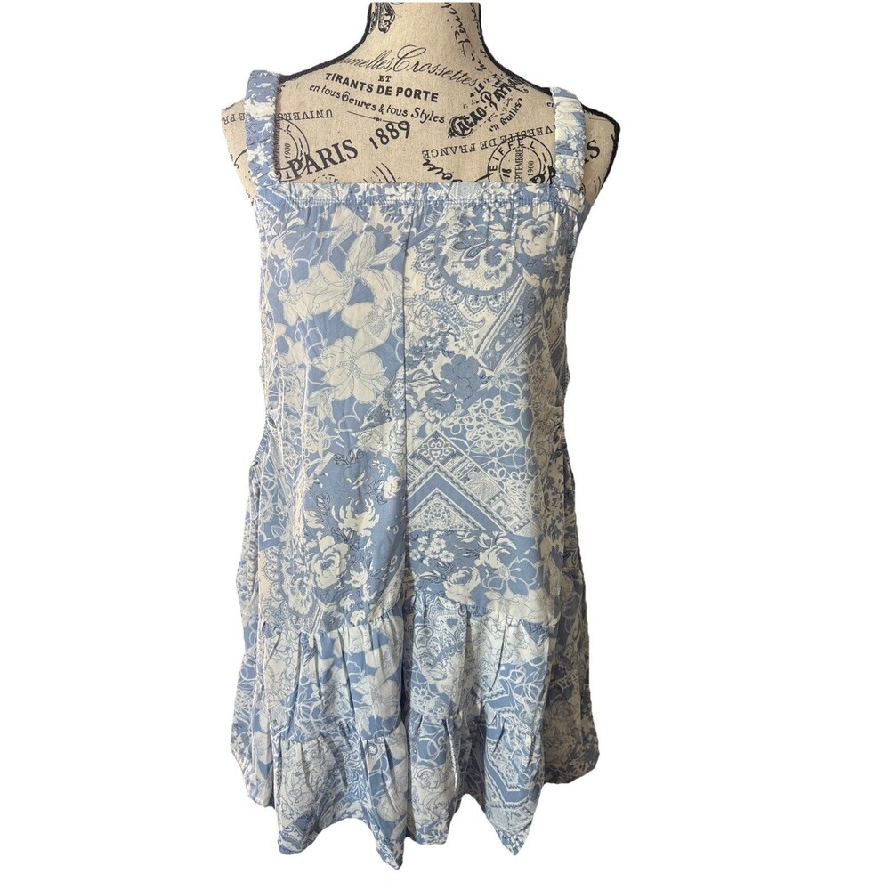 Peach Love Blue White Boho Floral Open Side Medium Dress Coastal Cottagecore